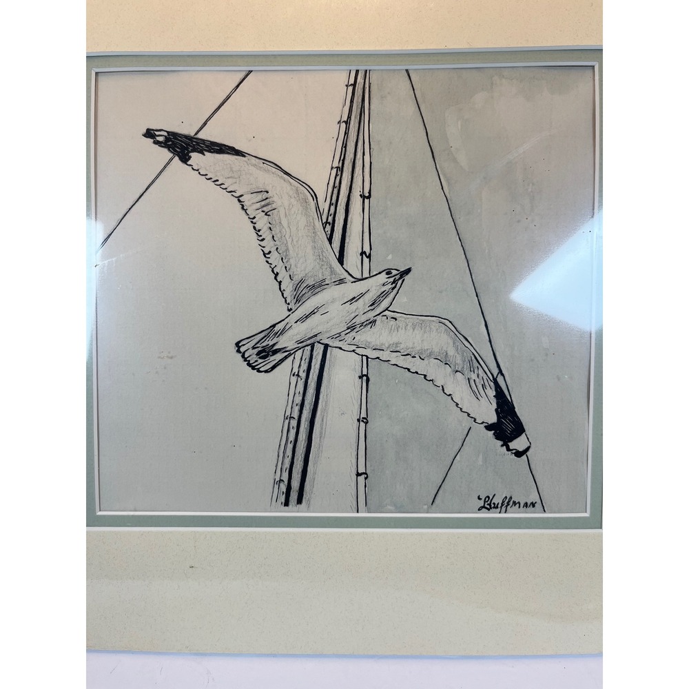 Huffman Signed Seagull Ink Drawing Matted Nautical Bird Art 10x10 - Picture 2 of 5